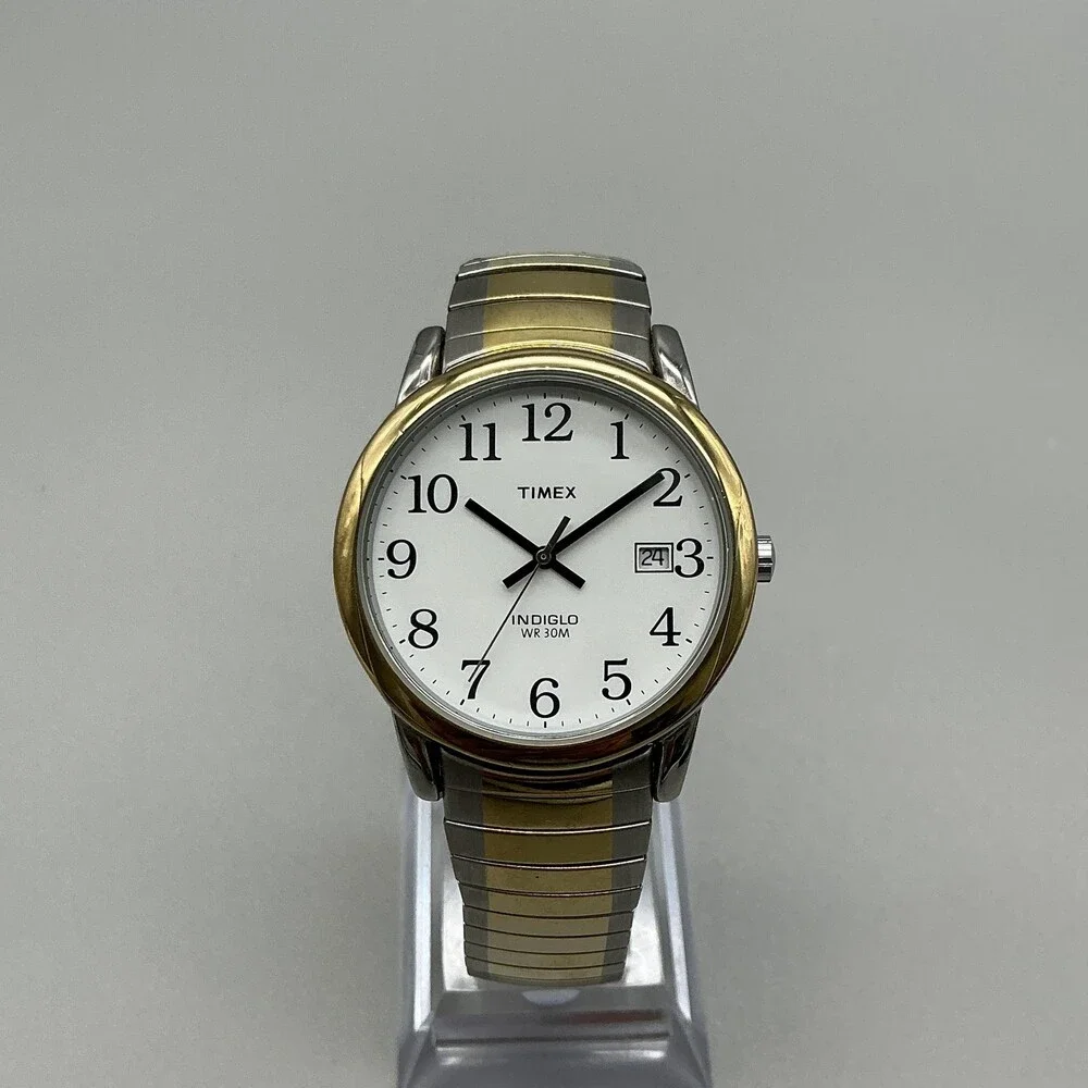 Timex Indiglo WR 30M Mens Watch 35mm White Dial Two Tone Bracelet New Battery